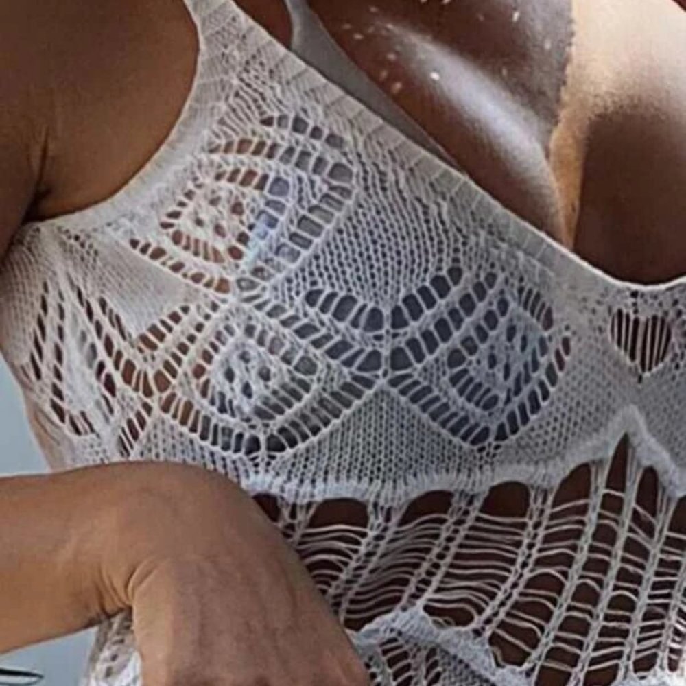 White Boho Crochet Split Bathing Suit Cover Up - Picture 4 of 5